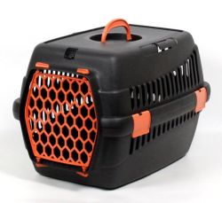 Переноска для тварин чорна пластик помаранчеві двері 49х35х32 см до 5 кг