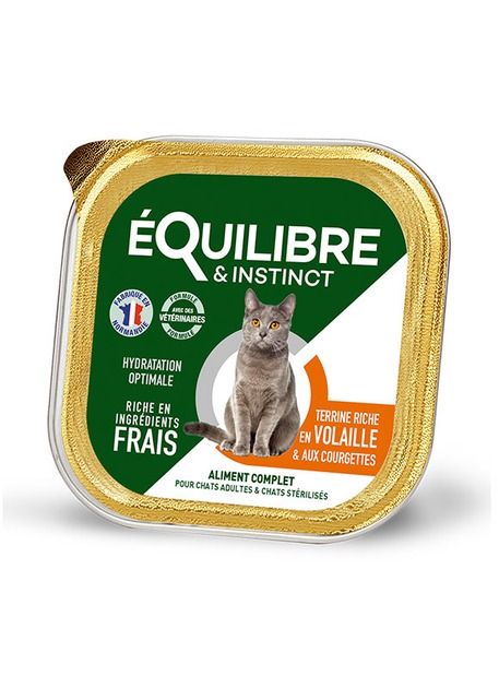 eQuilibre вологий корм для дорослих та стерилізованих кішок з мясом птиці та кабачком, ламістер, паштет 85 г 