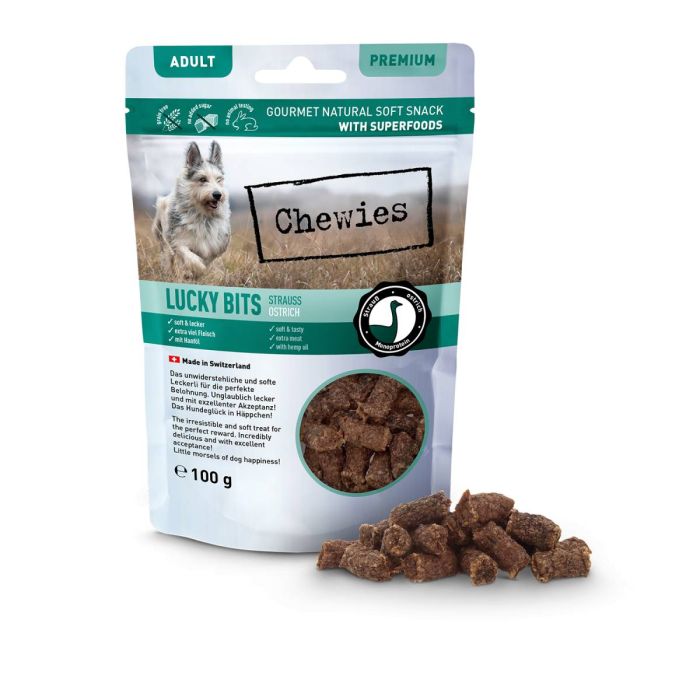 Натуральні ласощі з мʼяса Страуса Chewies Lucky Bits для дорослих собак 100 г