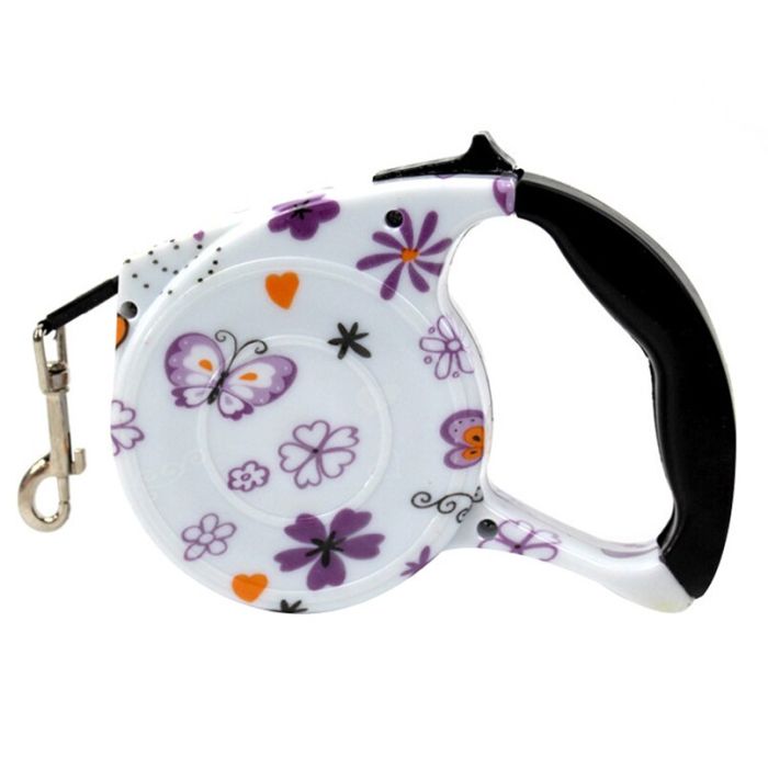 Рулетка для собак 5м15кг малюнок метелика гумова ручка стрічка фіксатор 