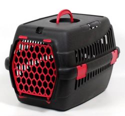 Переноска для тварин чорна пластик червоні двері 55х39х36 см до 8 кг