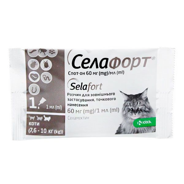 Селафорт краплі від бліх, кліщів і гельмінтів для котів 45мг0,75 мл (2,6-7,5 кг) 7,6-10 кг