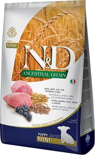 Farmina ND Low Grain Dog Puppy Mini Lamb  Blueberry Низькозерновий сухий корм для цуценят дрібних порід ягня та чорниця. 2,5кг. 