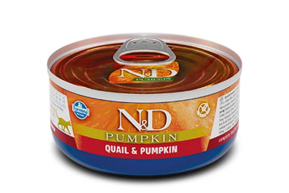 Вологий корм Farmina ND Grain Free Pumpkin Quail Adult для дорослих котів, з перепелом та гарбузом, 70 г Farmina Волог корм для кіш ND Grain Free PUMPKIN QUAIL ADULT беззер. з гарбуз, перепел 70г 102116