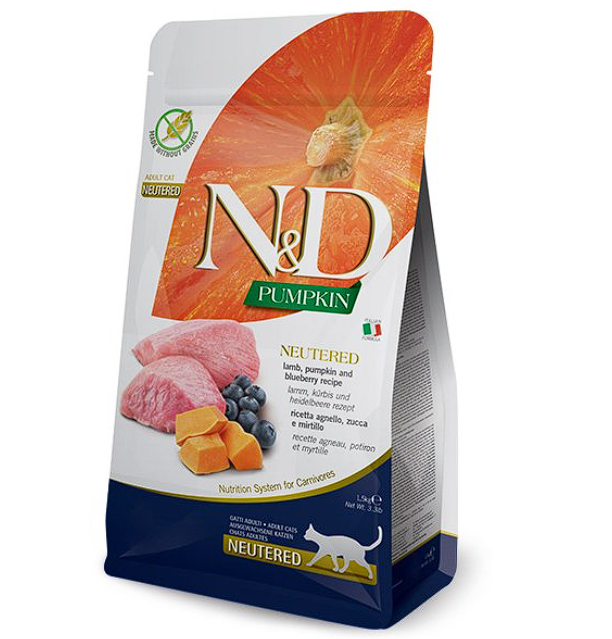 Сухий корм Farmina ND Grain Free Pumpkin Lamb  Blueberry Neutered Adult для стерилізованих котів, з ягням та чорницею, 300 г   Фарміна кет сух ND Grain Free PUMPKIN LAMBBLUEBERRY NEUTERED ADULT дст кіш 300г 40121