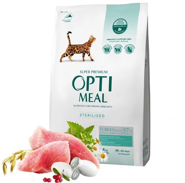 АКЦІЯ Optimeal з індичкою та вівсом сухий корм для стерилізованих кішок та кастрованих котів 10 кг (-22)