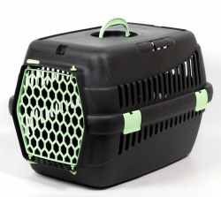Переноска для тварин чорна пластик салатові двері 49х35х32 см до 5 кг