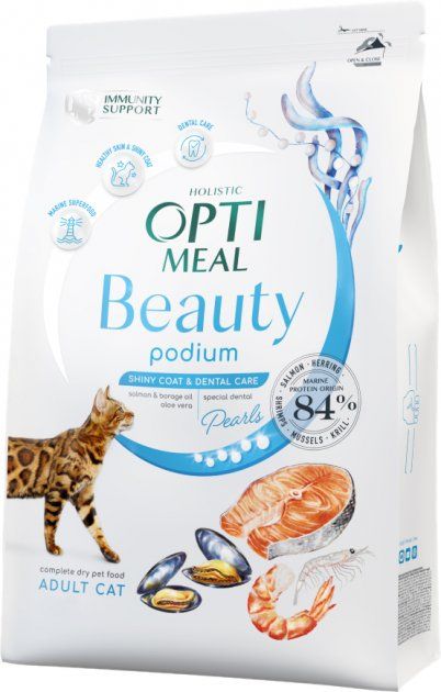 Optimal Beauty Podium блискуча шерсть і догляд за зубами для кішок 4,0 кг + 4,0 кг Акція Optimeal Beauty Podium Блестящая шерсть и уход за зубами для кошек 4,0кг+4,0кг Акция