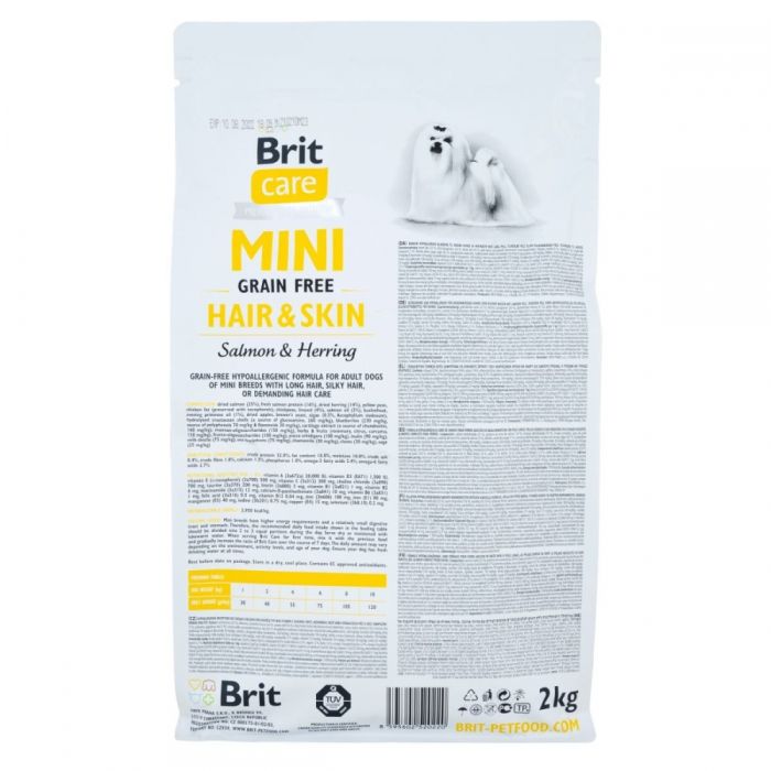Brit Care GF Mini Hair  Skin сухий корм для дорослих собак дрібних порід що мають довгу шерсть з лососем та оселедцем 2кг
