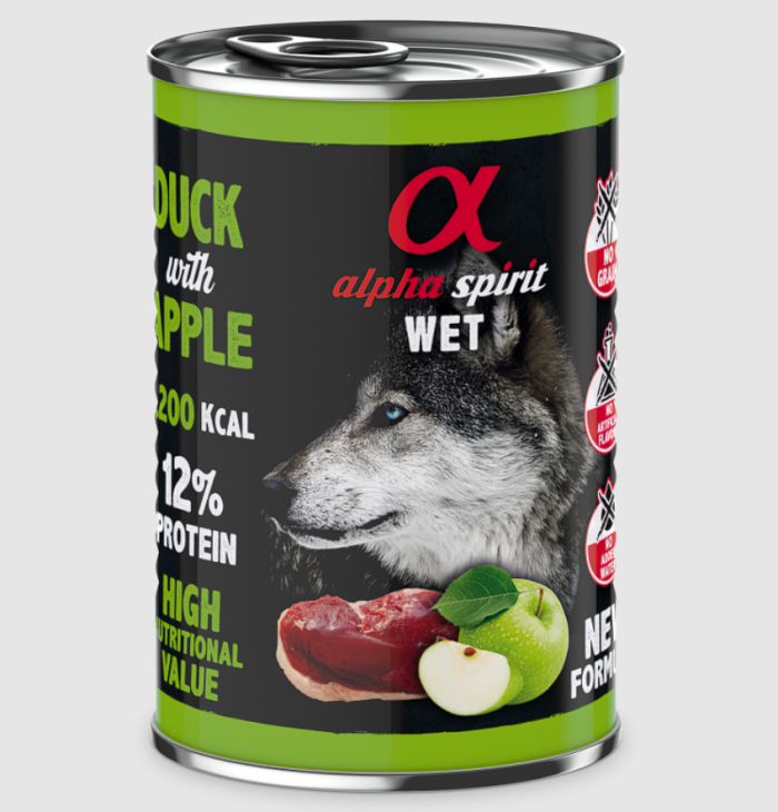 Вологий корм Alpha Spirit Duck with Green Apple для дорослих собак, з качкою та зеленим яблуком, 400 г AS Duck with green appleКонсерва дсобак АС Дак виз Грін Еппл Едалт Дог 400г 969985