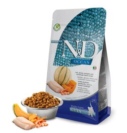 Сухий корм Farmina ND Grain Free Ocean Cod, Shrimp, Pumpkin  Cantaloupe Melon Kitten для кошенят, з тріскою, креветками, гарбузом та динею, 1,5 кг   Фарміна кет сух ND Grain Free Ocean COD, SHRIMP,PUMPKINCANTALOUPEMELON KITTEN 1,5кг 38852