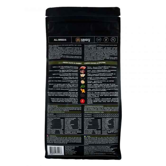 Savory Сухий корм для всіх порід зі свіжою качкою й кроликом 1 кг