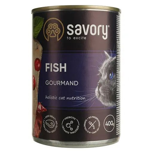 Вологий корм Savory Cat Can Adult для дорослих вибагливих кішок із рибою 400 гр. 