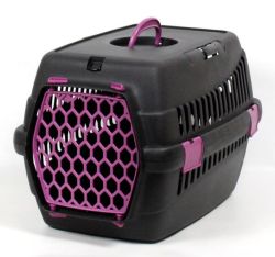 Переноска для тварин чорна пластик фіолетові двері 49х35х32 см до 5 кг