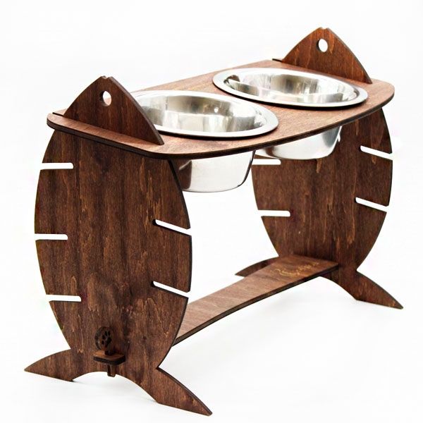 Кормушка для котів Cat Joy Скелет риби з регулюванням висоти Дуб на 2 миски 