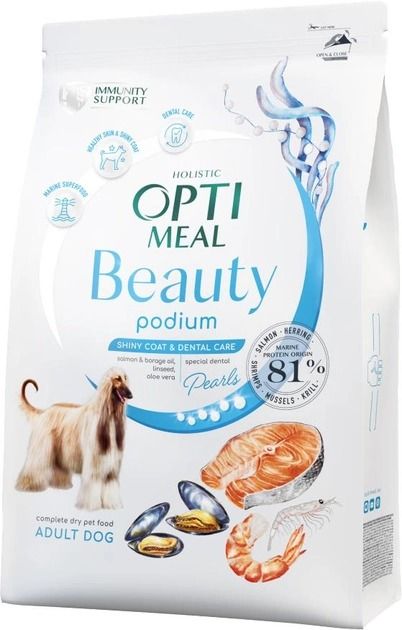 Акція-30 Optimeal Beauty Podium з морепродуктами сухий корм для собак вовна та догляд за зубами 1.5 кг 