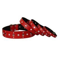 Нашийник для собак Шкіряний з алмазами, червоний 32-42 см