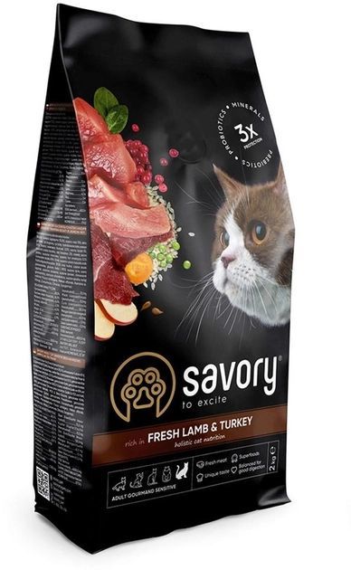 Savory Adult Cat Сухий корм для кішок з чутливим травленням зі свіжим мясом ягняти та індичкою 400 гр 