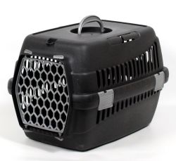 Переноска для тварин чорна пластик сірі двері 49х35х32 см до 5 кг