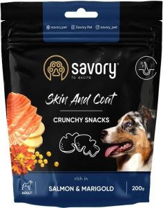 Savory з лососем і чорнобривцями хрусткі ласощі для здоровя шкіри та вовни собак, 200 г 