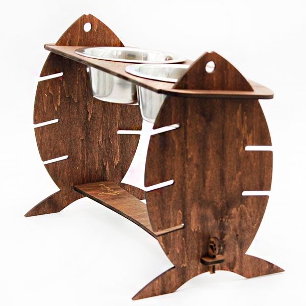 Кормушка для котів Cat Joy Скелет риби з регулюванням висоти Дуб на 2 миски 