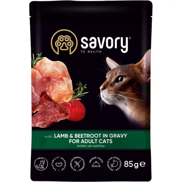 Savory Вологий корм для дорослих кішок ягня з буряком у соусі, 85 г 
