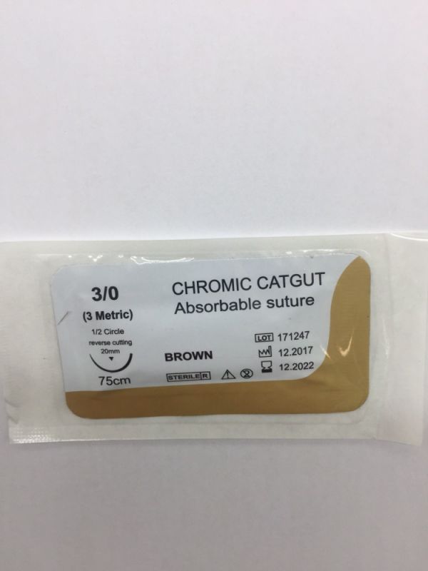 Кетгут хромований USP 30 (EP3) з ріжучою голкою 20мм, 12 кола 