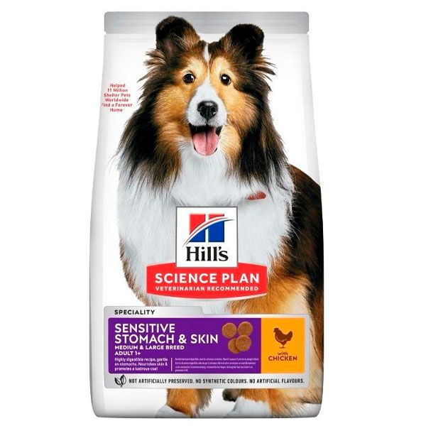 Hills Science Plan Adult Sensitive Stomach  Skin Medium сухий корм з куркою для собак 2,5 кг 604300 0,8 кг