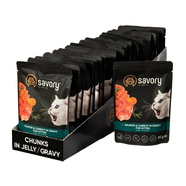 Savory Kitten Pouch з лососем та морквою в соусі вологий корм для кішок пауч 85 г х 22 шт 