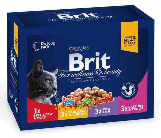 Brit Premium Cat мясна тарілка асорті набір павучів 4 смаки для котів по 100 г, 12 шт 