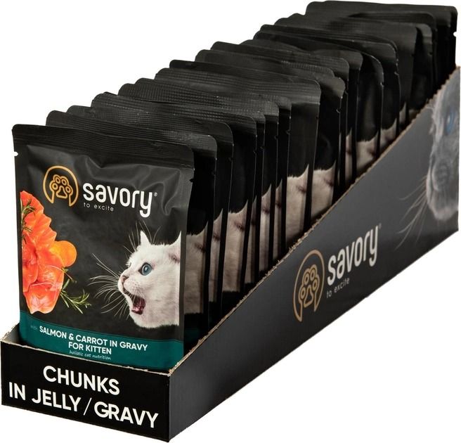 Savory Kitten Pouch з лососем та морквою в соусі вологий корм для кішок пауч 85 г х 22 шт 