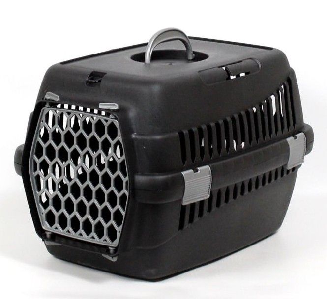 Переноска для тварин чорна пластик сірі двері 49х35х32 см до 5 кг